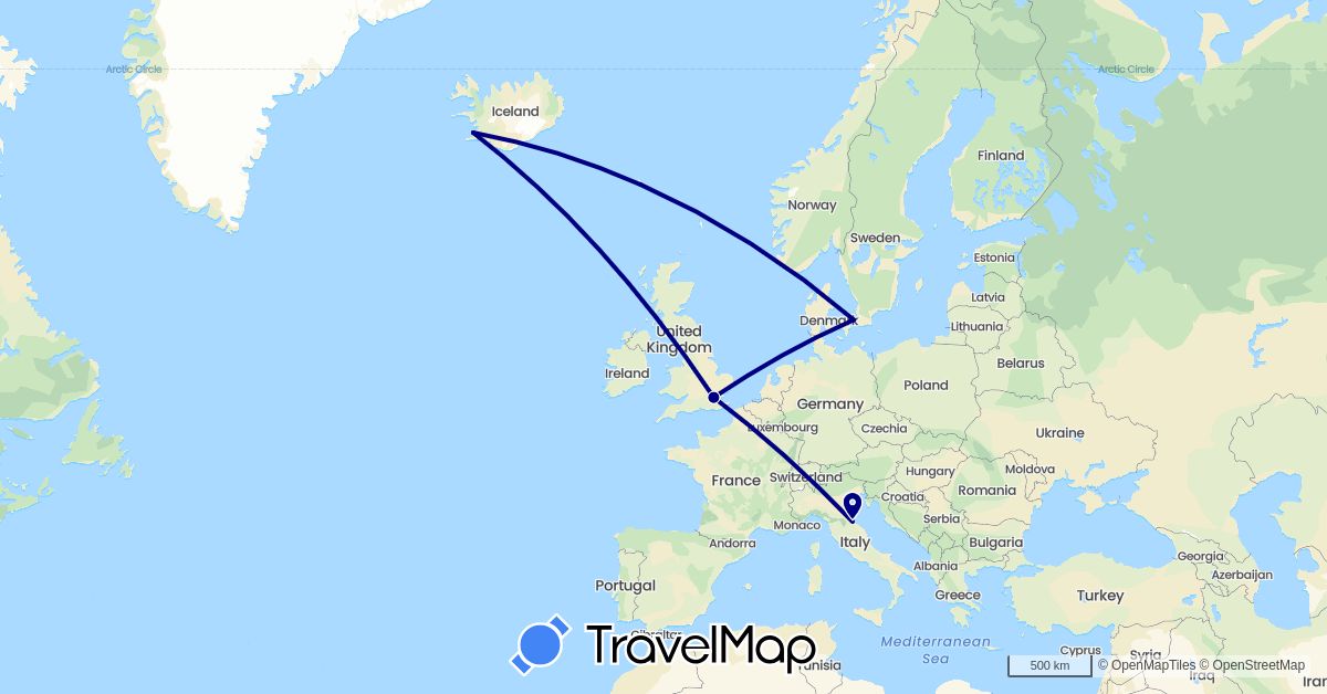 TravelMap itinerary: driving in Denmark, Faroe Islands, United Kingdom, Iceland, San Marino (Europe)